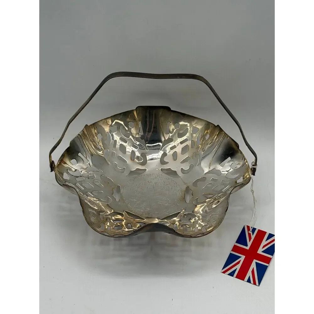 Vintage Leomans Silver-Plated Pierced Bride's BasketBonbon Dish w/Folding Handle